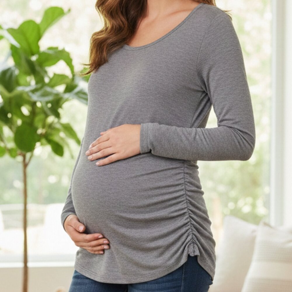 Ruched Side A Glow Maternity Heather Gray Long Sleeve T-Shirt Size‎ XL Extra Lg